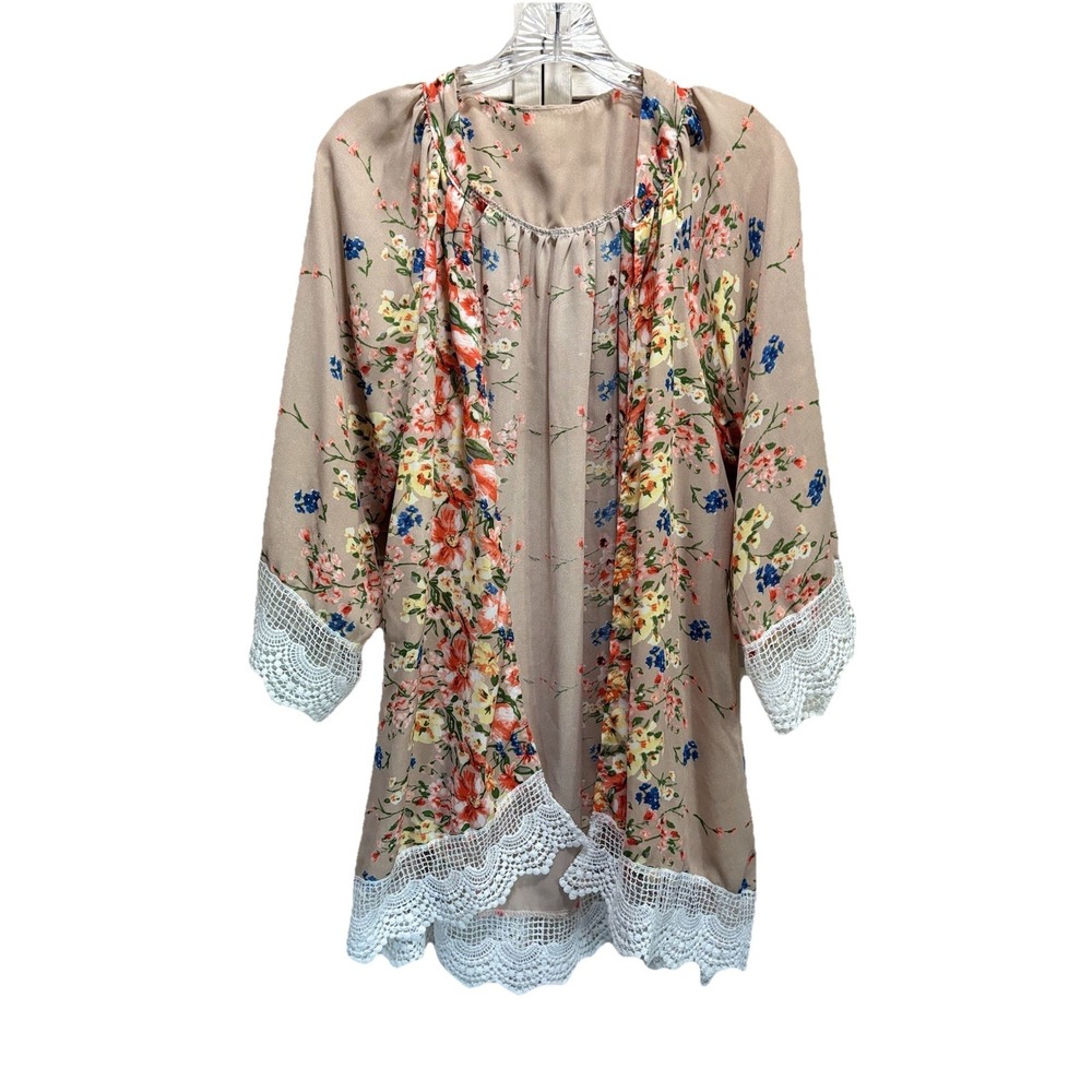 Kimono Tan/Orange Floral Size Large Crochet‎ Hem Flowy Wide Short Sleeve